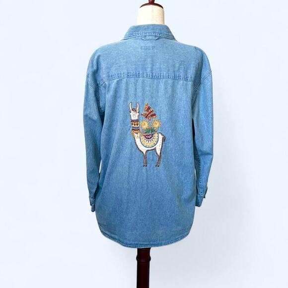 Other Tops - Blue Denim Embroidered Llama Button Up Shirt
